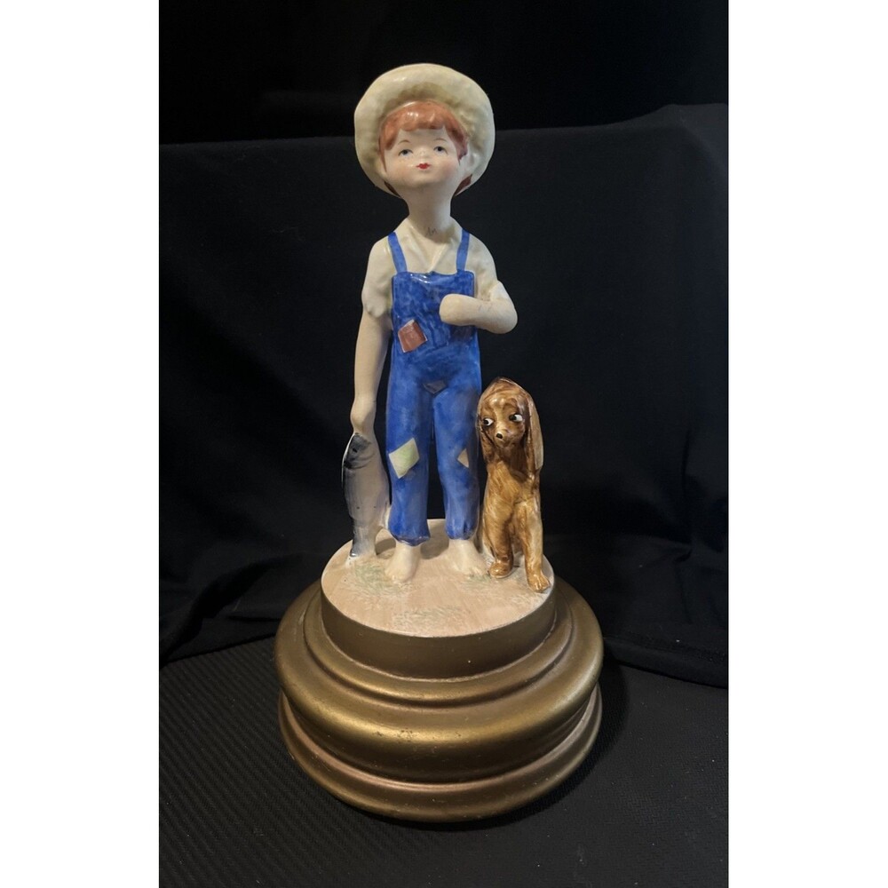 Vintage SCHMID BROS JAPAN Music Box Plays Happy Wanderer Boy with Fish & Dog